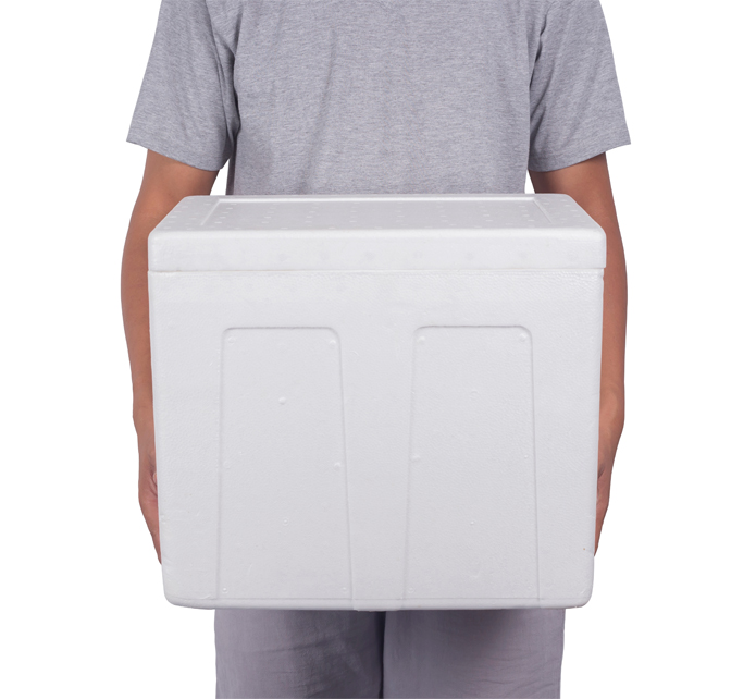image showing man lifting a foam cooler box isolated on white background.